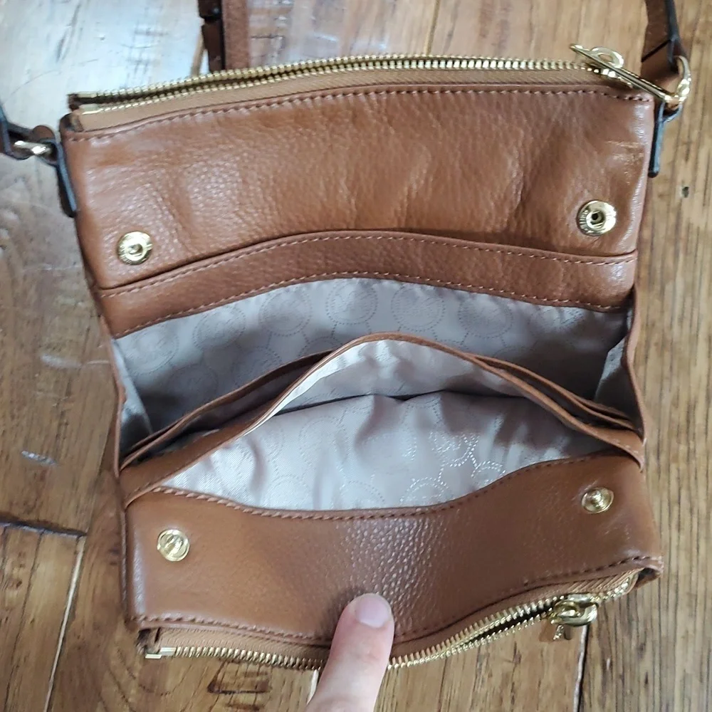 Michael Kors Fulton Double Zip Tan Leather Crossbody Bag